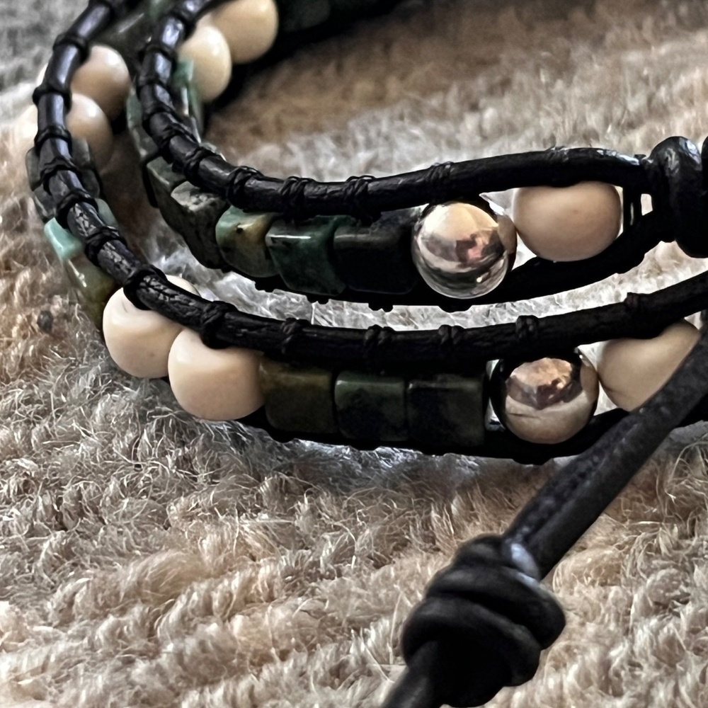 Double-Wrap Leather Bracelet - Square Turquoise, … - image 5